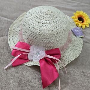 Charming Kids Straw Hat with Pink Bow and Flower